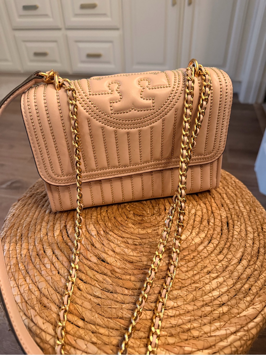 Studded Quilted Nude Crossbody Bag With Gold Chain Strap